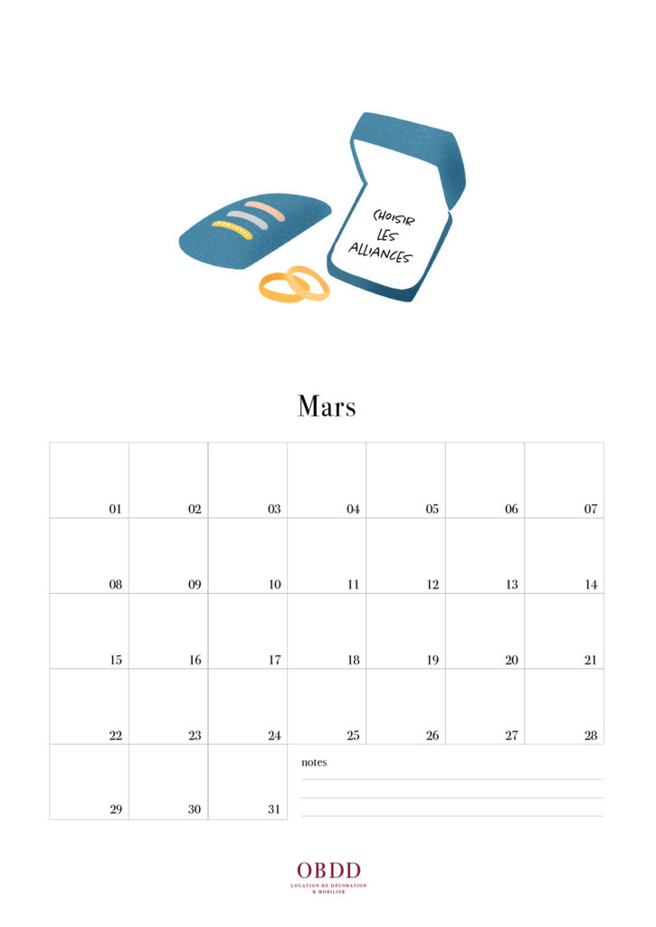 calendrier des mariés, le mois de mars